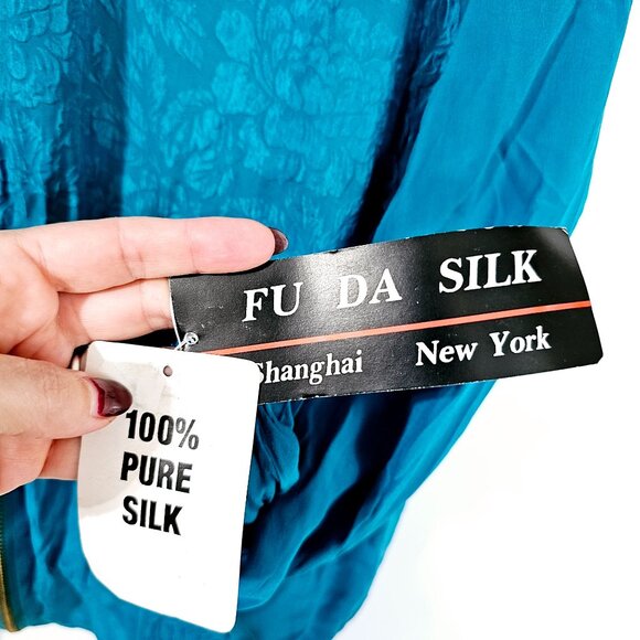 Vintage Fu Da Silk XL Teal Blue Silk Nylon Jacket Zip & Button Pockets ~JA106.13 - Picture 6 of 10